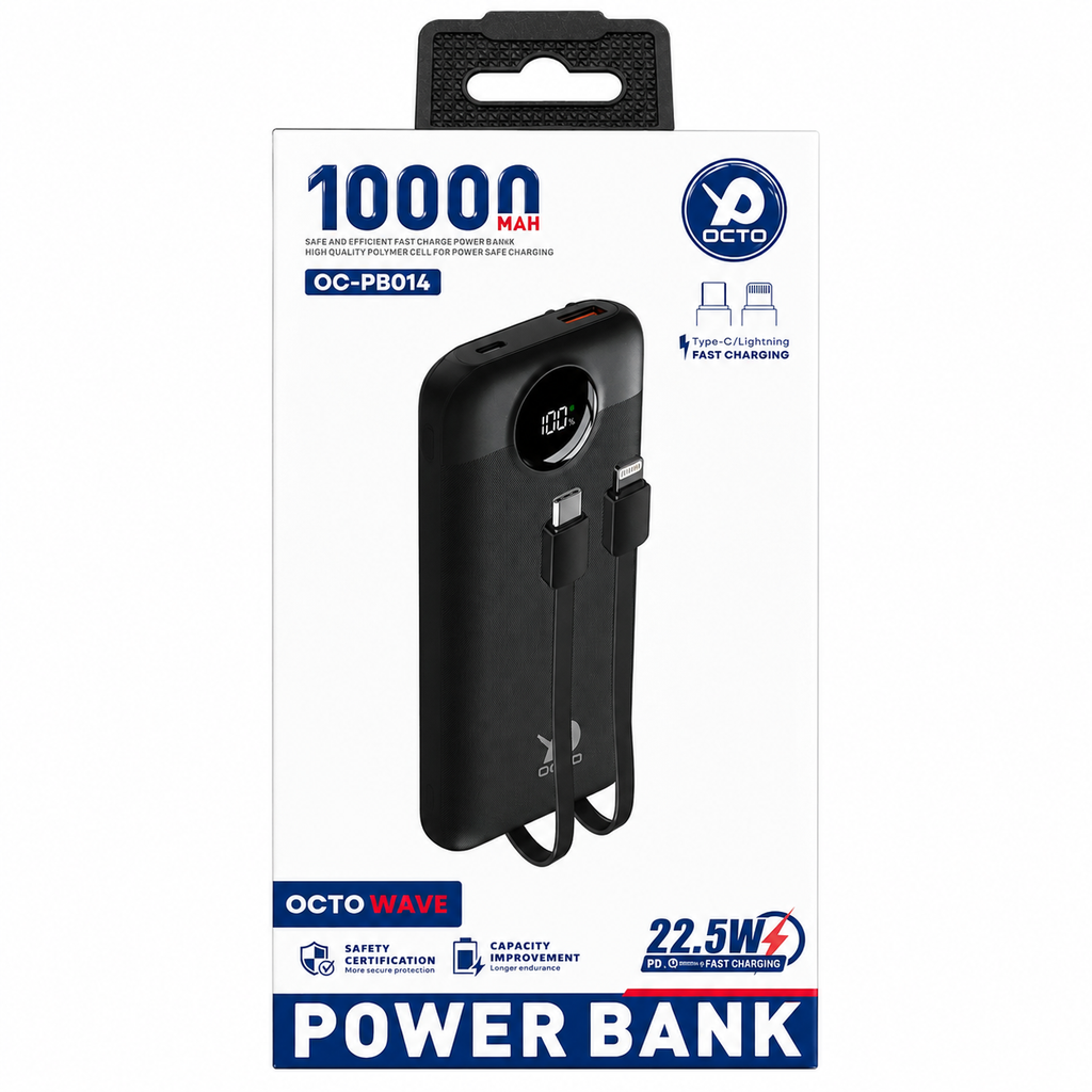 OCTO Wave OC-PB014 10000mAh power bank with built-in Type-C and Lightning cables