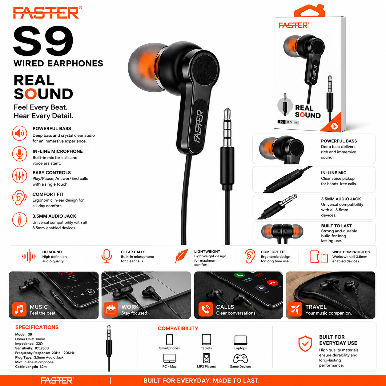 Faster S9 Real Sound Wired Earphones