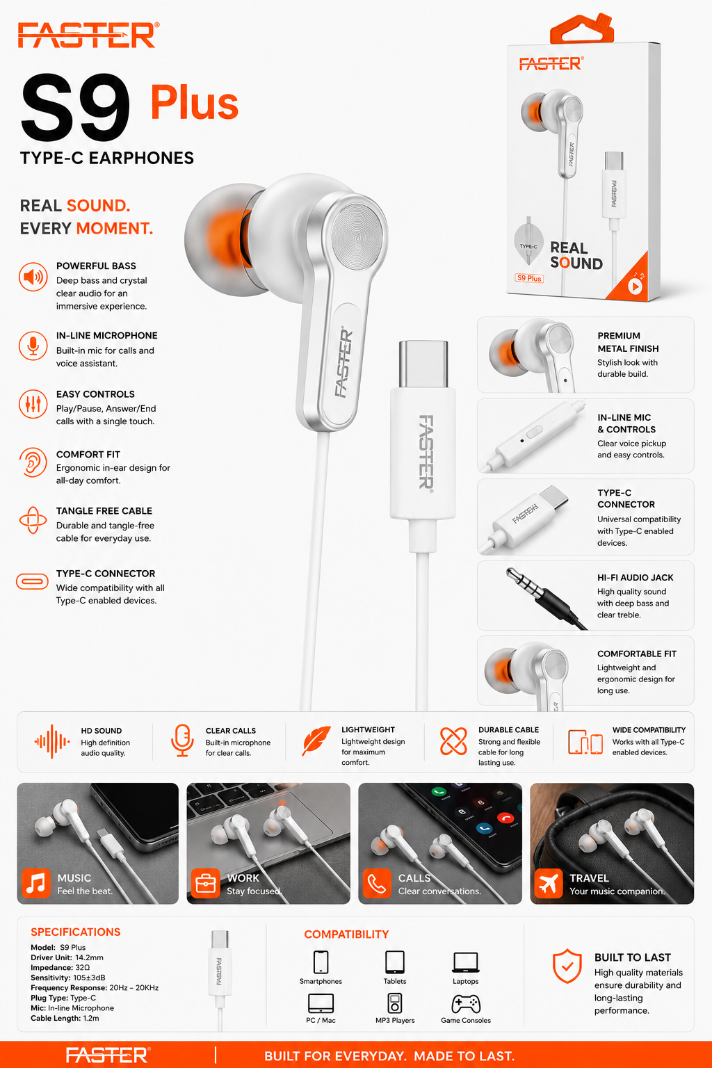 Faster S9 Plus Type-C Real Sound Earphones