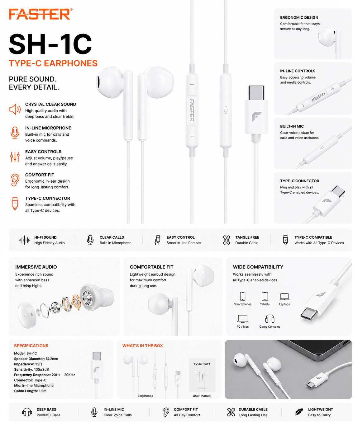 Faster SH-1C Type-C Wired Earphones with Mic & Volume Control