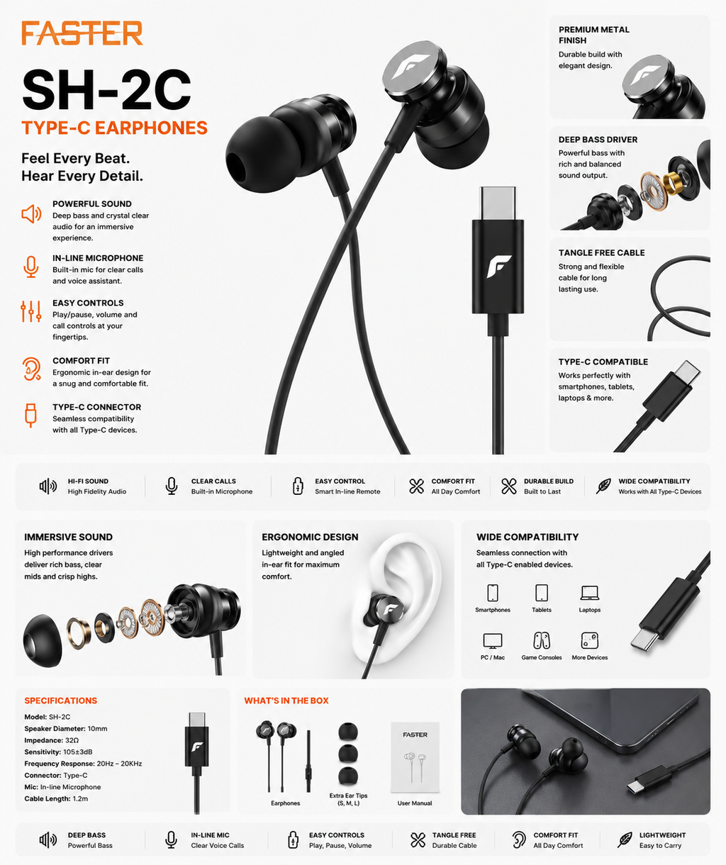Faster SH-2C Type-C Wired Earphones with Mic